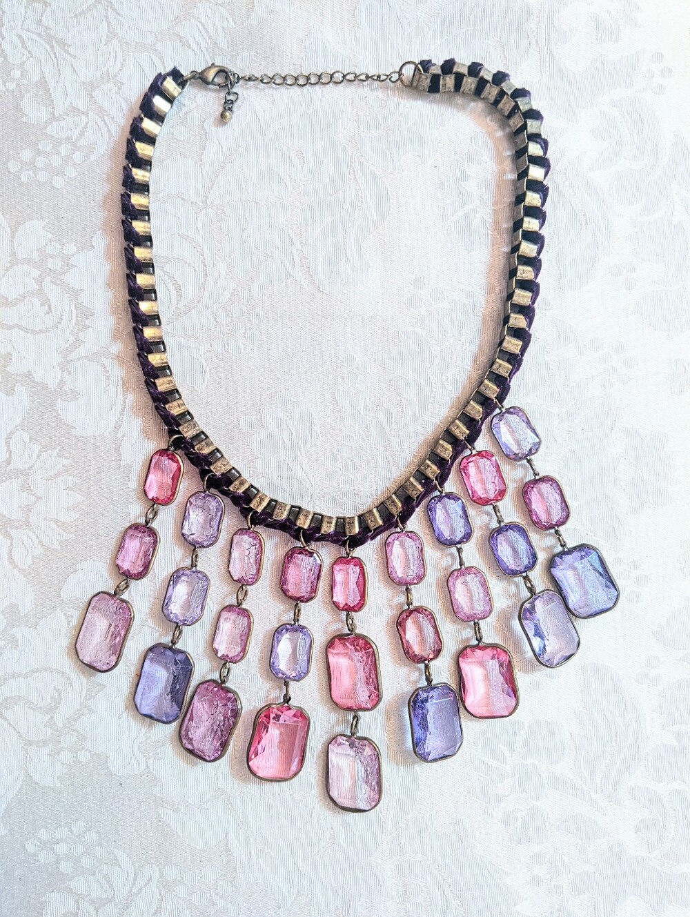 Cascade Bezel Pink Purple Gem Necklace Brass Velvet Statement Party Evening Hot